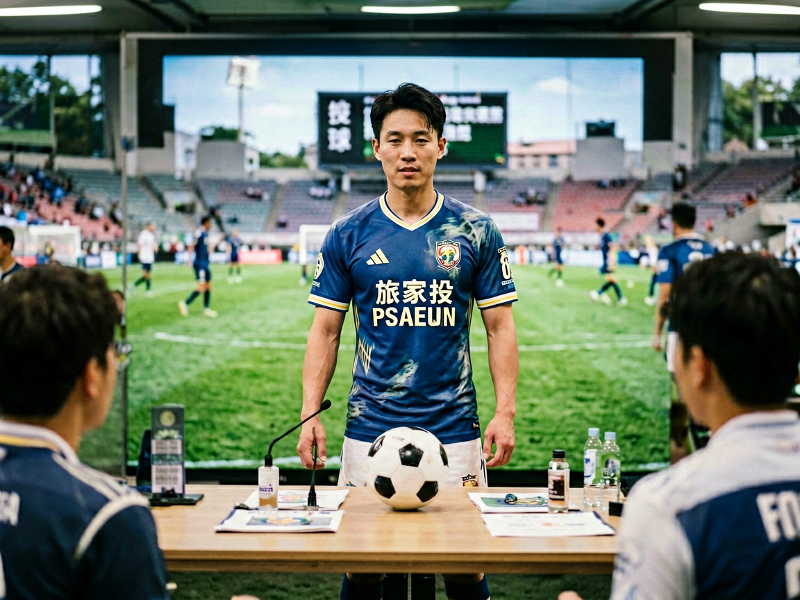 足球转会新闻：球员在媒体发布会上宣布转会决定的场景