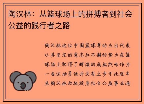 陶汉林：从篮球场上的拼搏者到社会公益的践行者之路